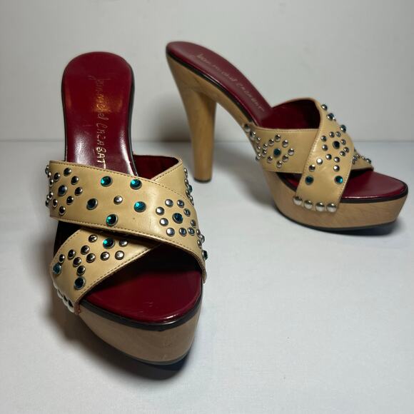 Jean-Michel Cazabat Platform Sandals Tan Leather Rhinestone 5 Inch Heel Sz 7.5 - Picture 2 of 12